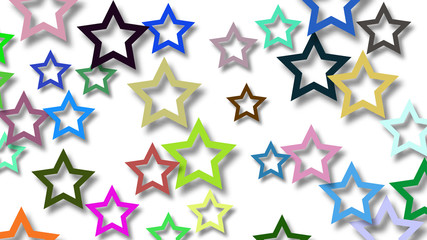Abstract illustration of randomly arranged colored stars with soft shadows on white background