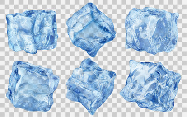 Set of six realistic translucent ice cubes in blue color isolated on transparent background. Transparency only in vector format