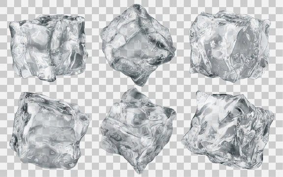 Set of six realistic translucent ice cubes in gray color isolated on transparent background. Transparency only in vector format