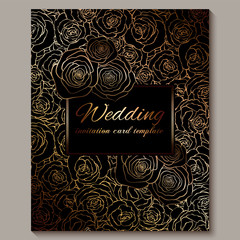 Luxury gold vintage wedding invitation, floral background with place for text, lacy foliage made of roses with golden shiny gradient. Victorian wallpaper ornaments, baroque style template for design