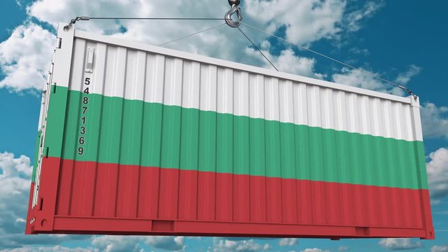 Container with flag of Bulgaria. Bulgarian import or export related conceptual 3D animation