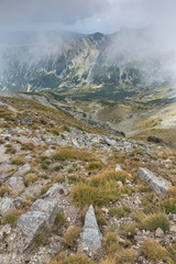 Amazing Panoramic view of hills covered with fog from Musala peak, Rila mountain, Bulgaria