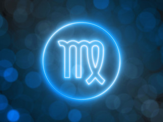 glowing neon sign of Virgo with blurred bokeh background. 3d illustration