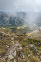 Amazing Panoramic view of hills covered with fog from Musala peak, Rila mountain, Bulgaria