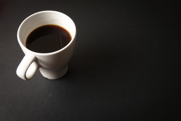 Office leather desk table with coffee cup. Top view with copy space