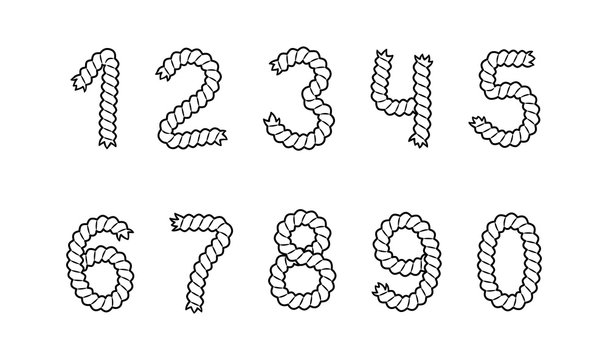 Set of rope numbers from 1 to 0. Black and white vector illustration