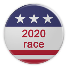 USA Politics News Badge: 2020 Race Button With US Flag, 3d illustration Isolated On White Background