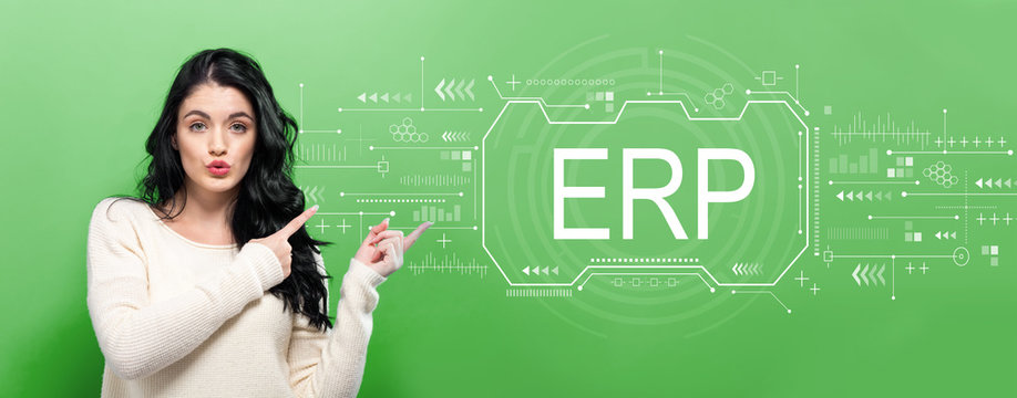 Enterprise resource planning with young woman pointing on a green background