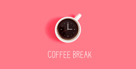 Coffee cup with clock overhead view flat lay