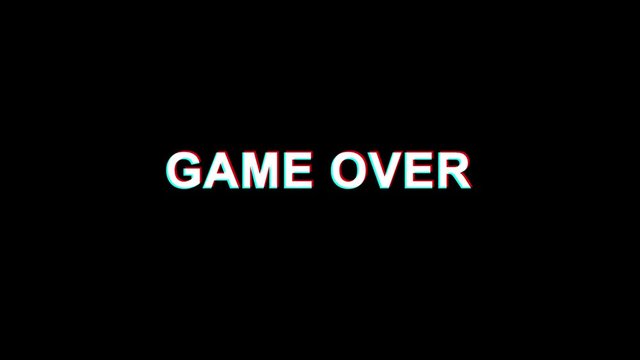 GAME OVER Glitch Text Abstract Vintage Twitched 4K Loop Motion Animation . Black Old Retro Digital TV Glitch Effect Including Twitch, Noise, VHS, Distortion.
