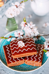 Sweet sunday dessert. Chocolate brownies with black tea.