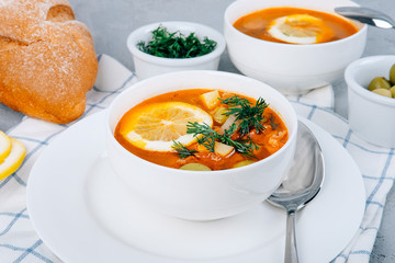Solyanka a thick soup of vegetables and meat served with lemon and olives