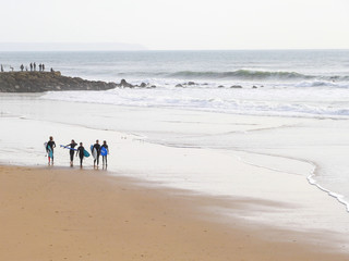 surfer people carrying surfboard on an ocean beach