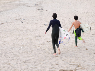surfer people carrying surfboard on an ocean beach
