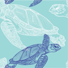 Seamless pattern with sea turtles. Marine life. Doodling, mandala pattern. Drawing by hand. Stylish background. - 264868964
