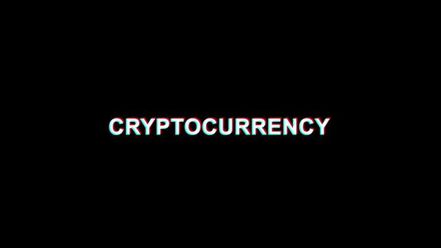 Cryptocurrency Glitch Text Abstract Vintage Twitched 4K Loop Motion Animation . Black Old Retro Digital TV Glitch Effect Including Twitch, Noise, VHS, Distortion.