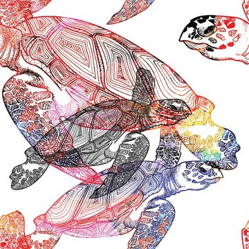 Seamless pattern with sea turtles. Marine life. Doodling, mandala pattern. Drawing by hand. Stylish background.