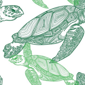 Seamless pattern with sea turtles. Marine life. Doodling, mandala pattern. Drawing by hand. Stylish background.