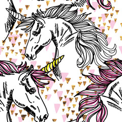Fototapeta na wymiar Seamless pattern with unicorns. Spots watercolor paint. Bright multi-colored background.