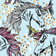 Seamless pattern with unicorns. Spots watercolor paint. Bright multi-colored background.