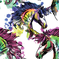 Fototapeta na wymiar Seamless pattern with unicorns. Spots watercolor paint. Bright multi-colored background.