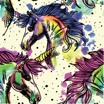 Seamless pattern with unicorns. Spots watercolor paint. Bright multi-colored background.