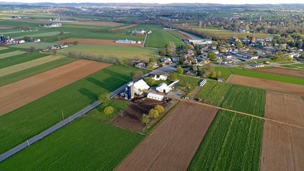 Aerial View of Amish Farm Lands and Countryside on a Sunny Day