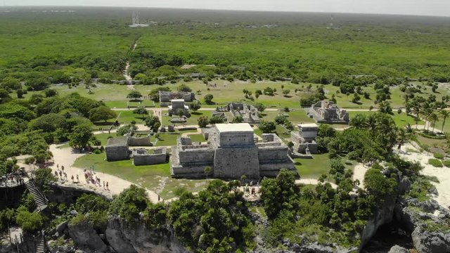 Mayan ruins at Tulum, Quintana Roo, Mexico. Aerial view of Mayan ruins at Tulum, Quintana Roo, Mexico. Ruins of a walled, ancient Mayan city, located on a bluff overlooking the Caribbean Sea.