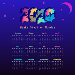 Synthwave 2020 year calendar. Week start on Monday