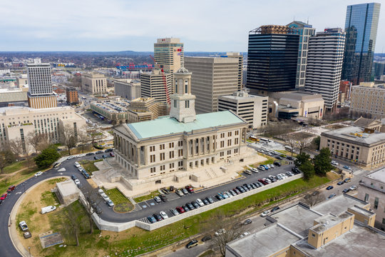 Aerial drone photo of the Tennessee State Capitol and Downtown Nashville