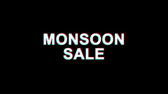 Monsoon Sale Glitch Text Abstract Vintage Twitched 4K Loop Motion Animation . Black Old Retro Digital TV Glitch Effect Including Twitch, Noise, VHS, Distortion.