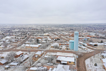 Aerial drone photo Santa Rosa New Mexico winter snow landscape