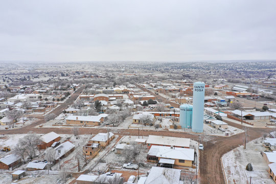 Aerial drone photo Santa Rosa New Mexico winter snow landscape