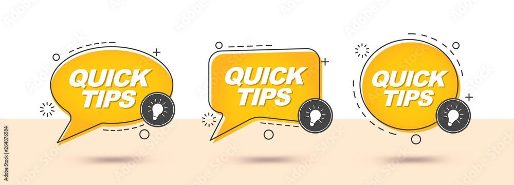 Poster Quick tips, hint, helpful tricks, helpful idea, logos, emblems and banners. Set of vector trendy memphis style banners. Ready for use in web or print design.
