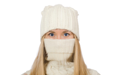 Woman wearing warm clothing on white