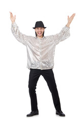 Performer in shiny costume isolated on white