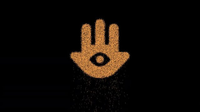 Symbol hamsa appears from crumbling sand. Then crumbles down. Alpha channel Premultiplied - Matted with color black