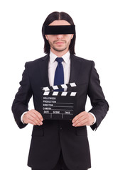 Young man with black face mask on white