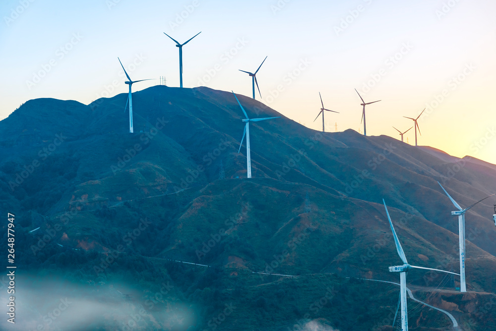 Wall mural wind power generator before sunrise sunset