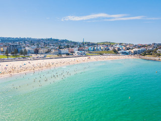 An aerial view of Bondi Beach in Sydney, Australia with blue water