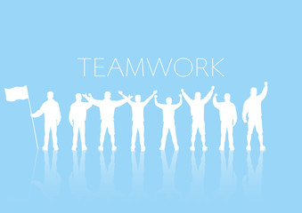 Group of people standing on blue background with cheerful, business teamwork concept vector illustration