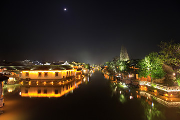 China wuzhen feature of jiangnan building at night