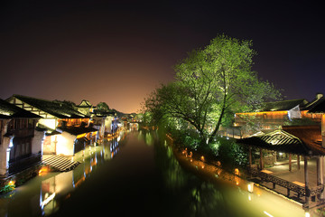Fototapeta na wymiar China wuzhen feature of jiangnan building at night