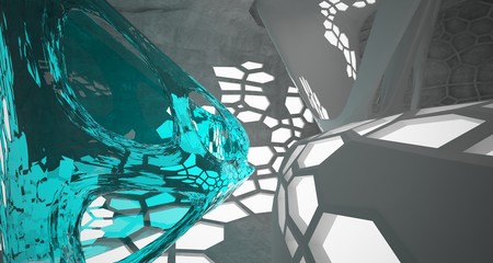 Abstract  concrete and glass interior  with neon lighting. 3D illustration and rendering.