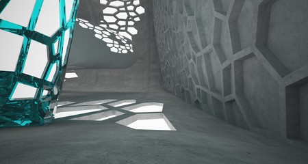 Abstract  concrete and glass interior  with neon lighting. 3D illustration and rendering.