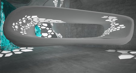 Abstract  concrete and glass interior  with neon lighting. 3D illustration and rendering.