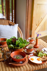 Healthy eating style, breakfast with delicious fresh vegetables and various ingredients from organic farm