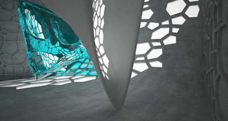 Abstract  concrete and glass interior  with neon lighting. 3D illustration and rendering.