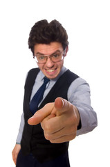 Young businessman in funny concept on white