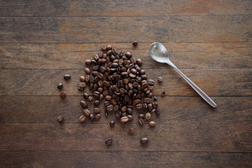 top view coffee beans On the table with a spoon